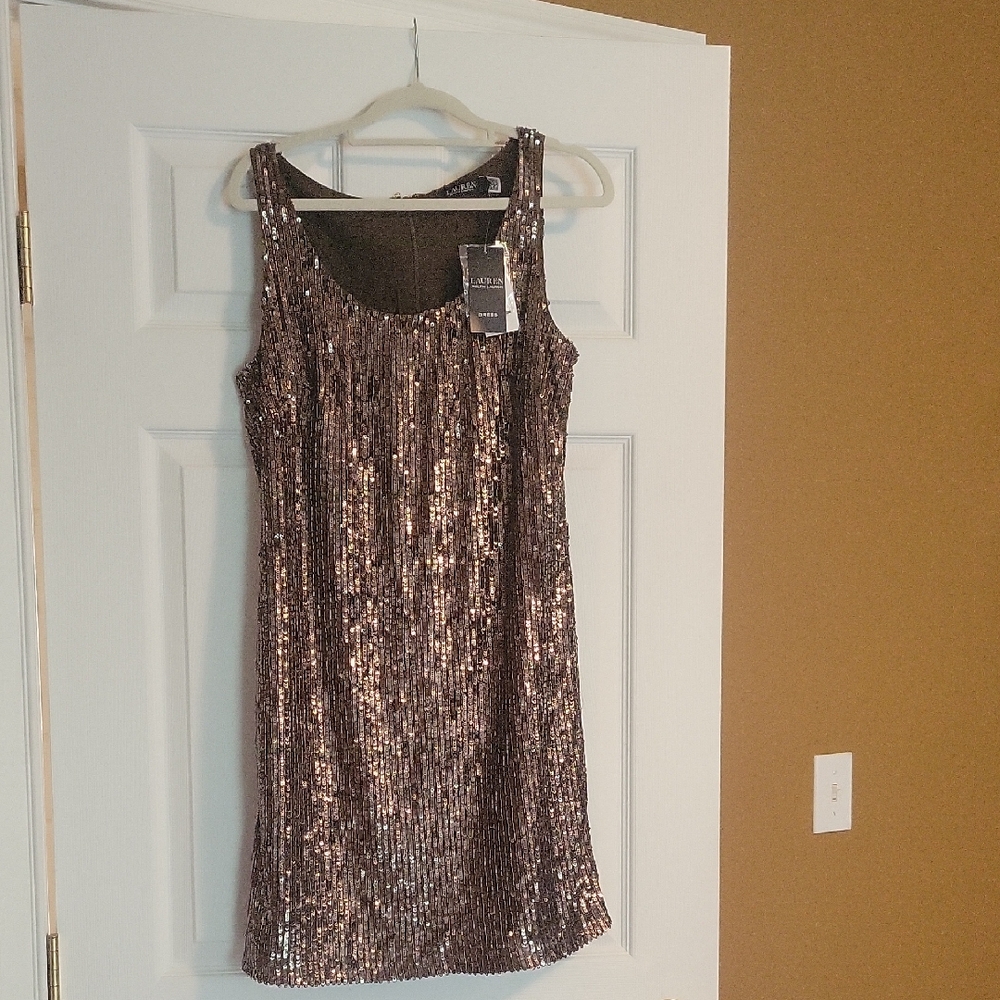Ralph Lauren Gold Sheath Mini Dress Scoop Neck Sleeveless